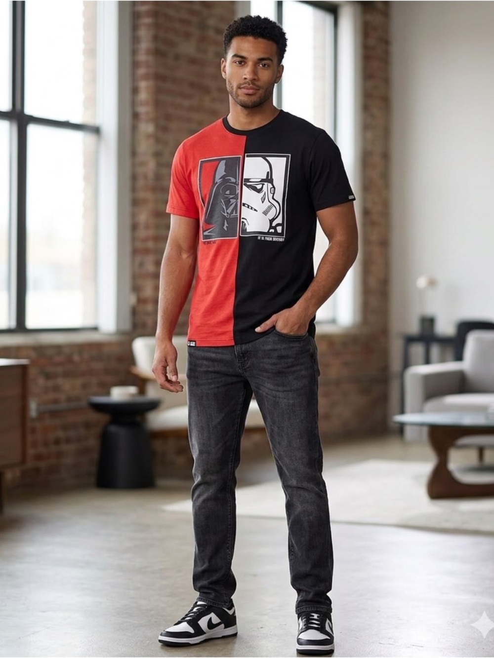 Star Wars Men's Short Sleeve Split Red and Black Darth Vader Stormtrooper Tee